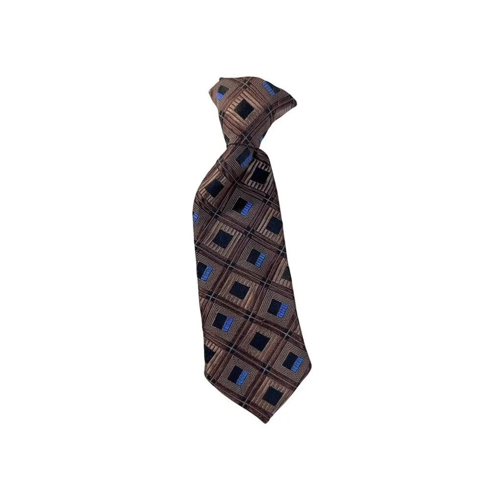 Vintage 80s Infant Toddler Clip-On Tie With Brown & Blue Geometric Pattern
